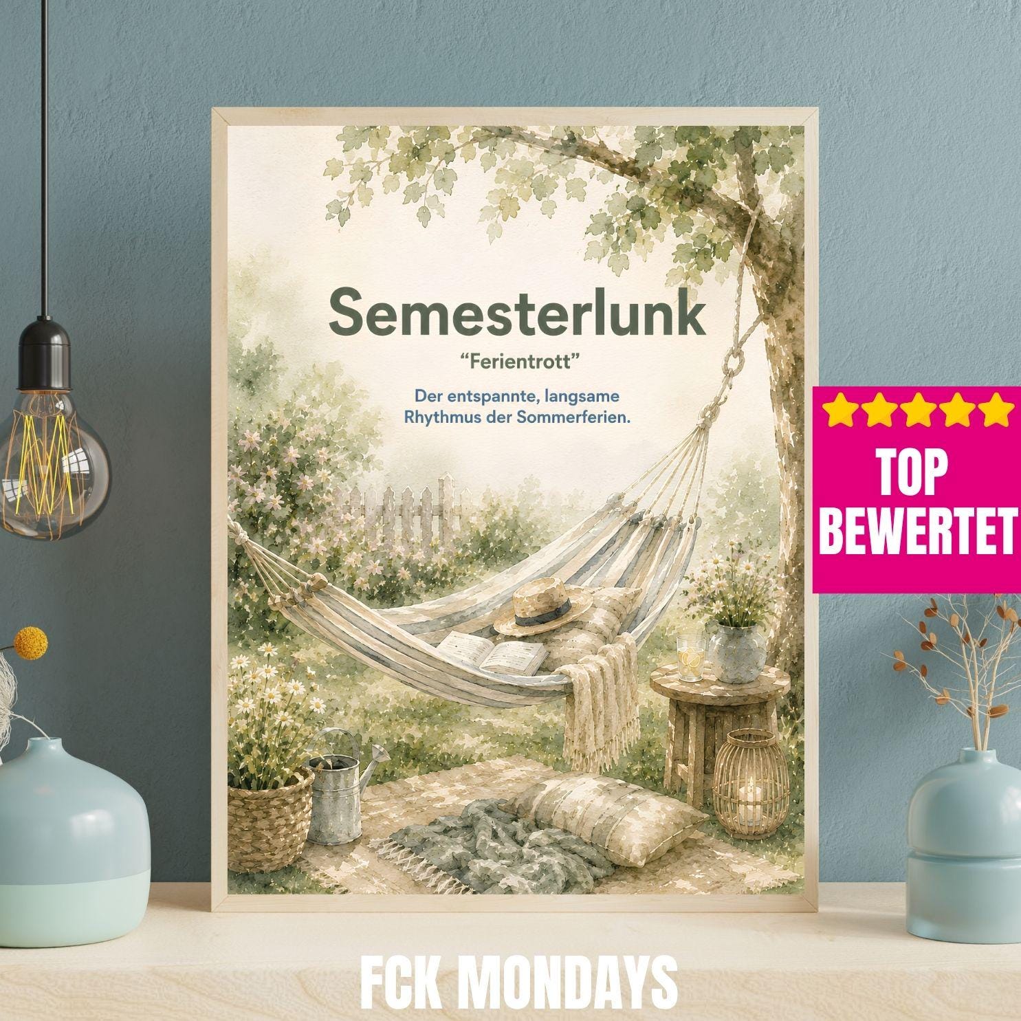 Semesterlunk Poster | Schwedische Lebensart | Garten Hängematte Aquarell | Hygge Wandbild | Skandinavische Deko