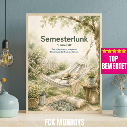 Semesterlunk Poster | Schwedische Lebensart | Garten Hängematte Aquarell | Hygge Wandbild | Skandinavische Deko