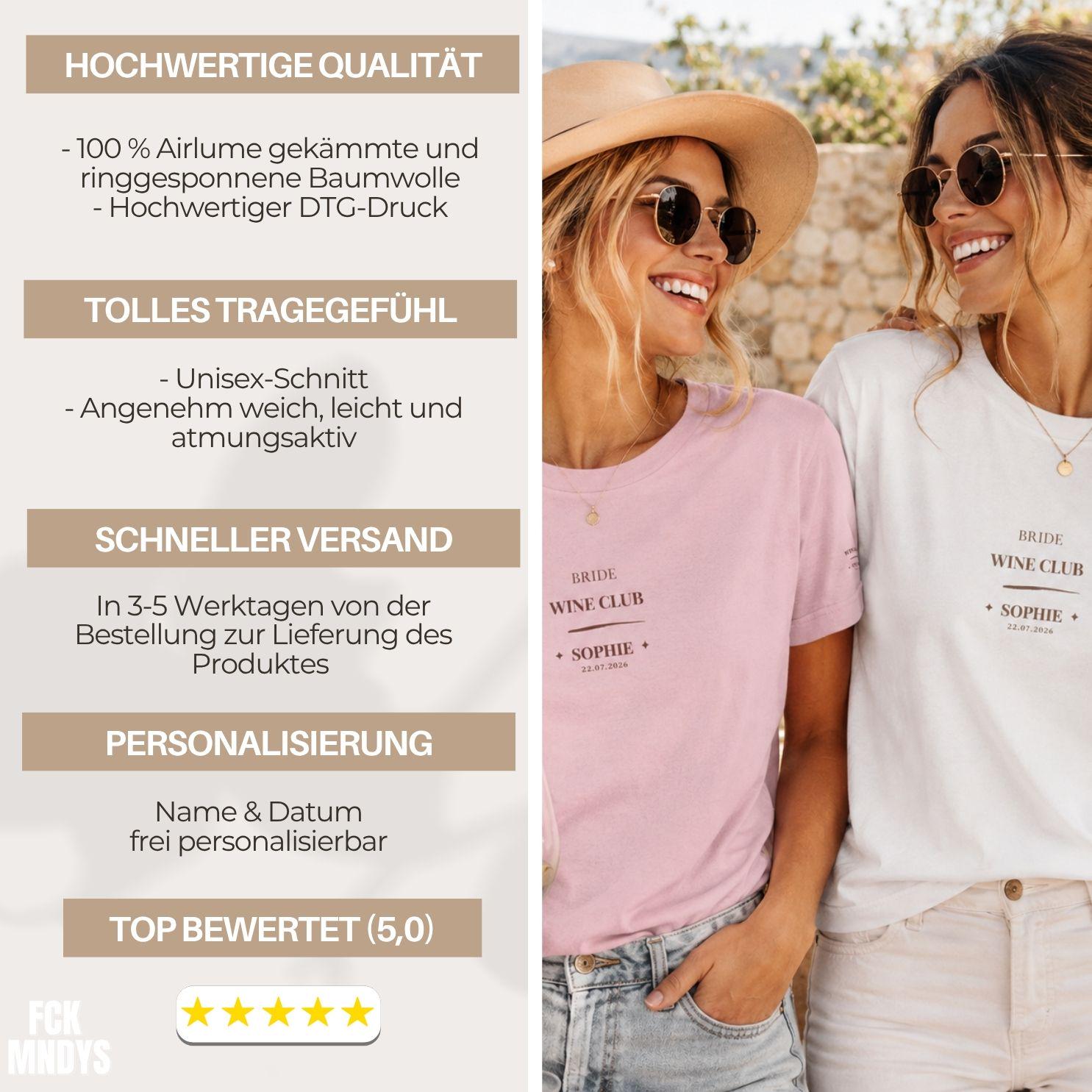 Bride Wine Club Shirt personalisiert | JGA Shirt Braut mit Name & Datum | Bachelorette Wine Tasting Outfit Bridal Weekend