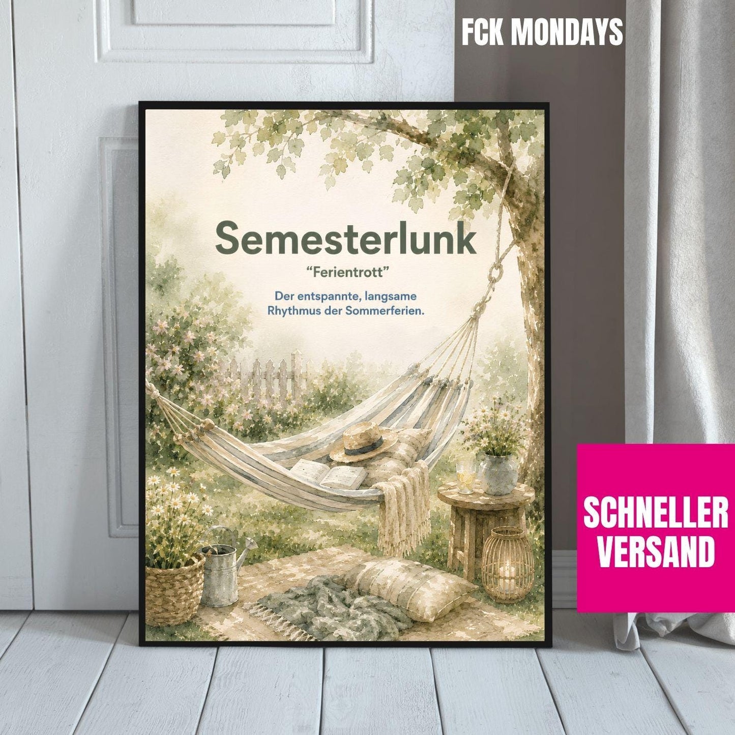 Semesterlunk Poster | Schwedische Lebensart | Garten Hängematte Aquarell | Hygge Wandbild | Skandinavische Deko