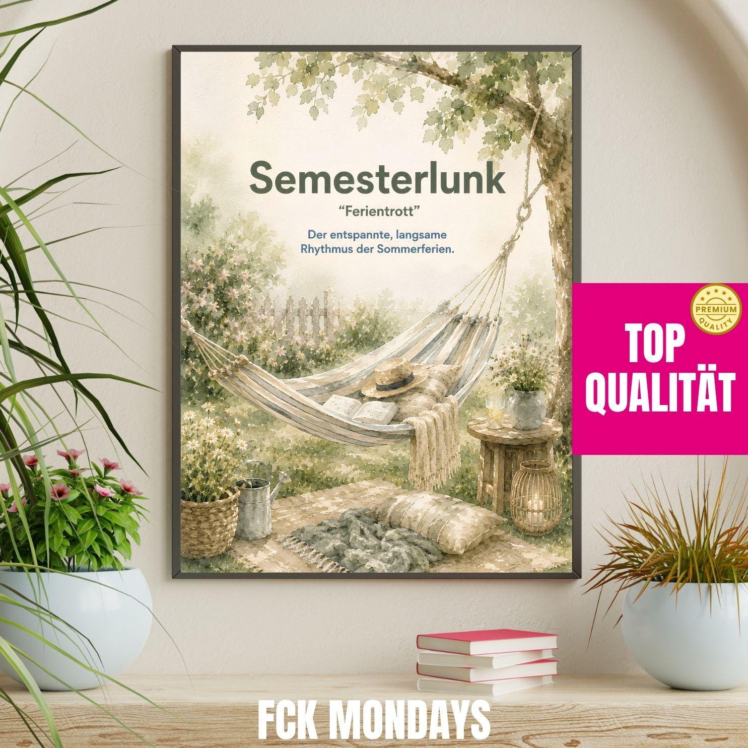 Semesterlunk Poster | Schwedische Lebensart | Garten Hängematte Aquarell | Hygge Wandbild | Skandinavische Deko