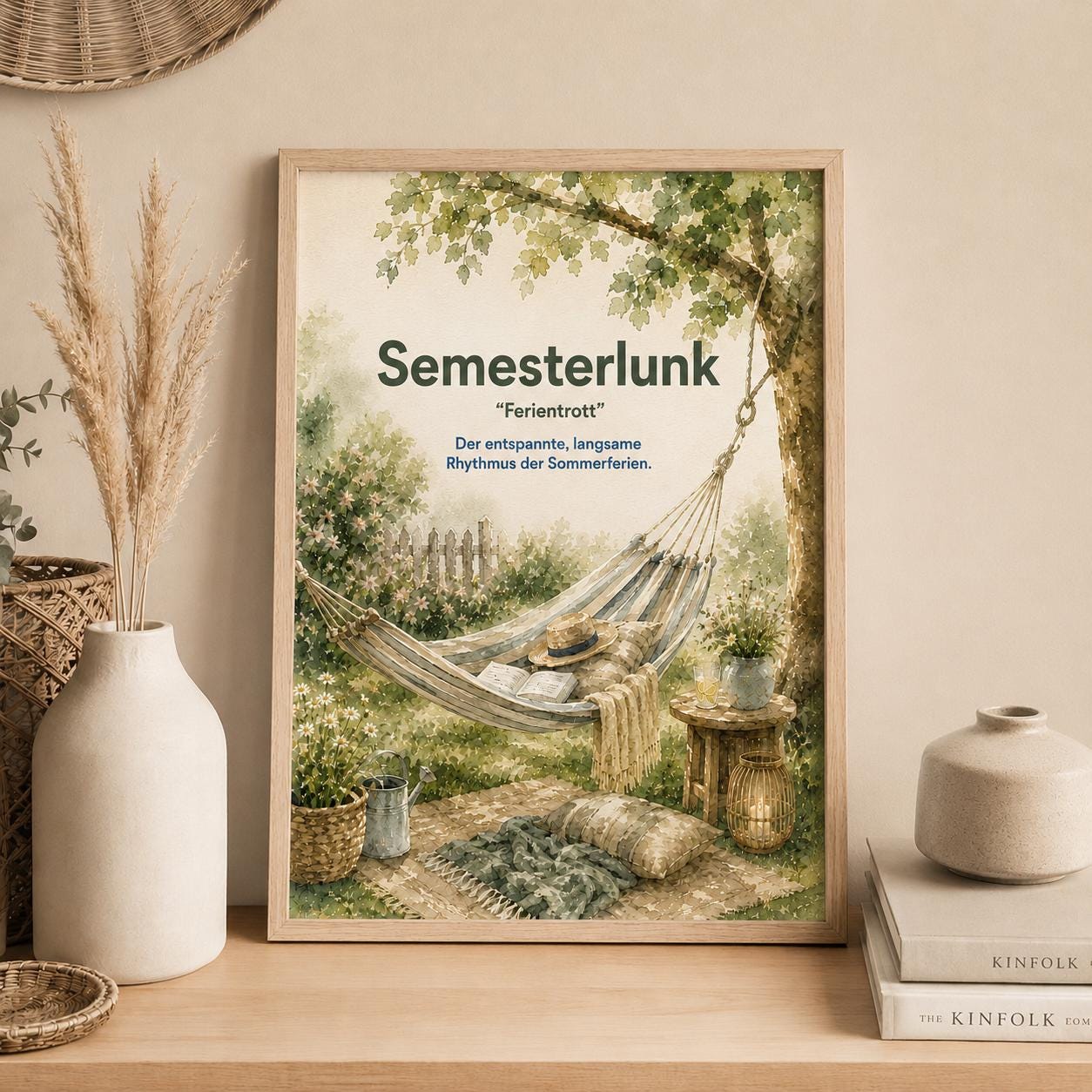 Semesterlunk Poster | Schwedische Lebensart | Garten Hängematte Aquarell | Hygge Wandbild | Skandinavische Deko