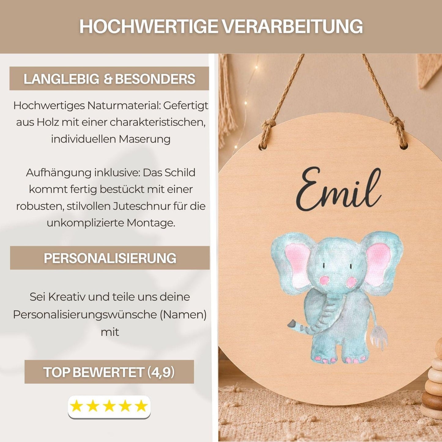 Personalisiertes Holzschild für Kinderzimmer | Türschild aus Holz mit Namen | Baby Geschenk zur Geburt & Taufe | Tiermotive Elefant Kinder