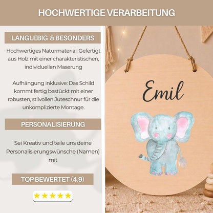 Personalisiertes Holzschild für Kinderzimmer | Türschild aus Holz mit Namen | Baby Geschenk zur Geburt & Taufe | Tiermotive Elefant Kinder