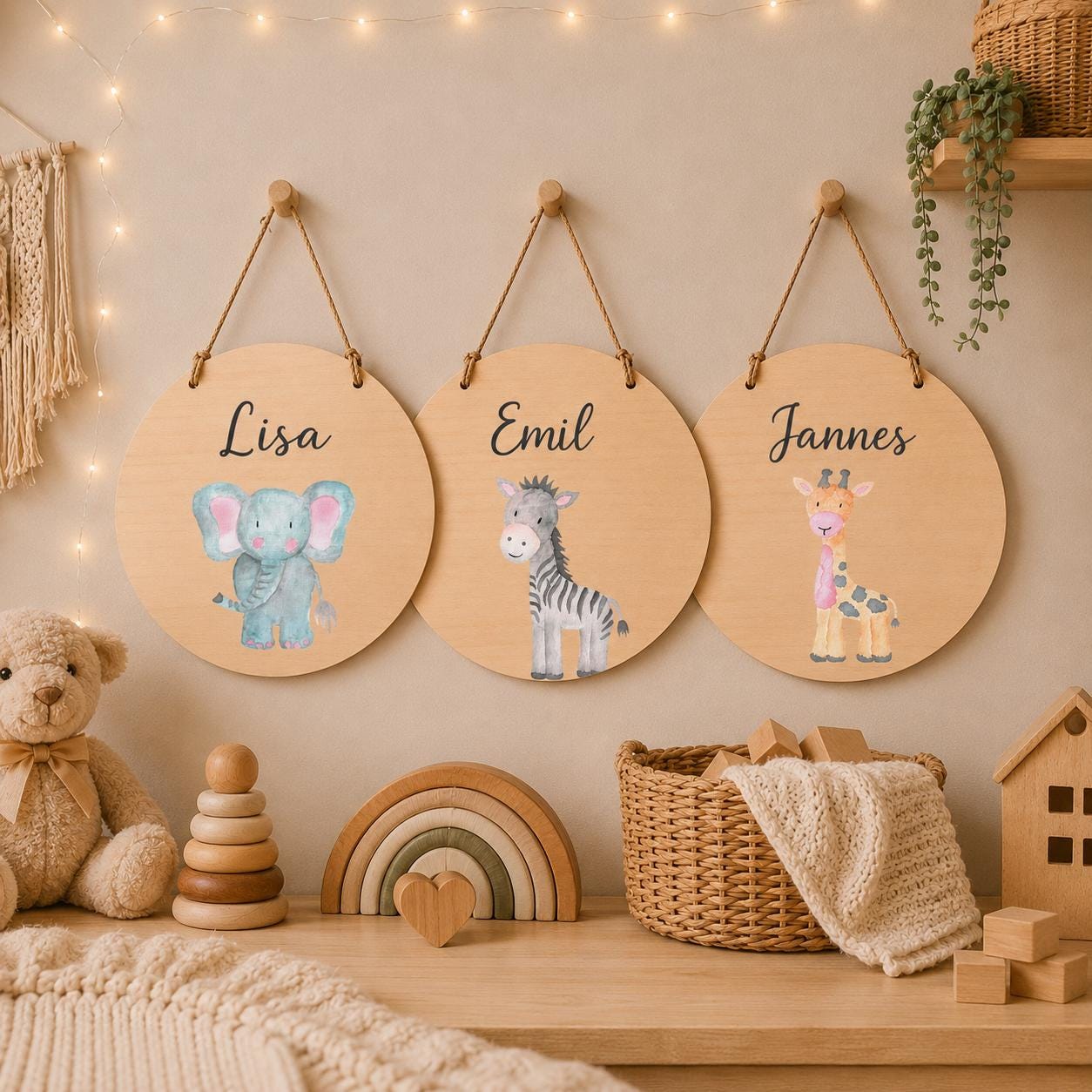 Personalisiertes Holzschild für Kinderzimmer | Türschild aus Holz mit Namen | Baby Geschenk zur Geburt & Taufe | Tiermotive Elefant Kinder