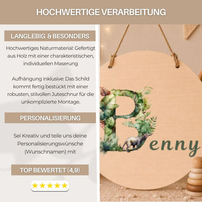 Personalisiertes Holzschild mit Buchstabe & Name | Dino Kinderzimmer Deko | Namensschild aus Holz | Geschenk zur Geburt Taufe Geschenk