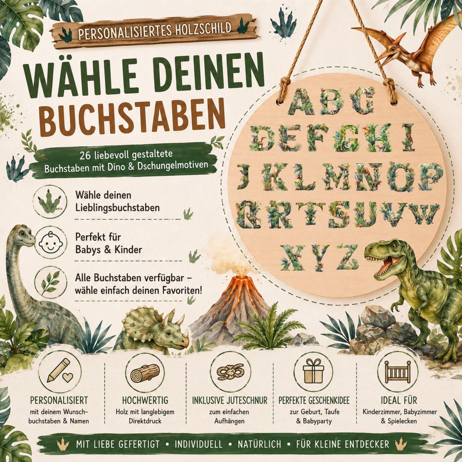 Personalisiertes Holzschild mit Buchstabe & Name | Dino Kinderzimmer Deko | Namensschild aus Holz | Geschenk zur Geburt Taufe Geschenk