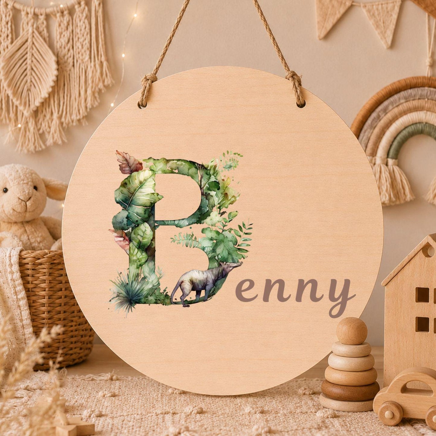 Personalisiertes Holzschild mit Buchstabe & Name | Dino Kinderzimmer Deko | Namensschild aus Holz | Geschenk zur Geburt Taufe Geschenk