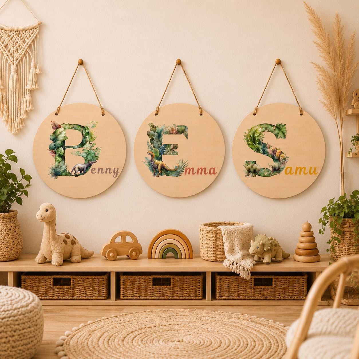 Personalisiertes Holzschild mit Buchstabe & Name | Dino Kinderzimmer Deko | Namensschild aus Holz | Geschenk zur Geburt Taufe Geschenk