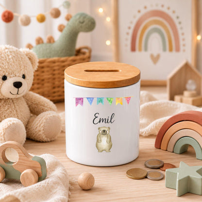 Spardose personalisiert Kind, Holzdeckel Sohn Tochter, Kinder Spardose, Baby, Personalisierter Spartopf, Schule, Geburt, Geburtstag