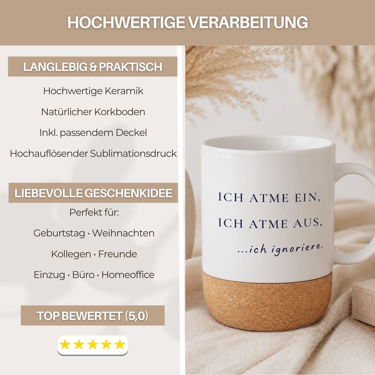 Ich atme ein, ich atme aus, ich ignoriere Kork Tasse | Lustige Achtsamkeits Tasse | Mental Health Becher | Geschenk Büro Humor Meditation