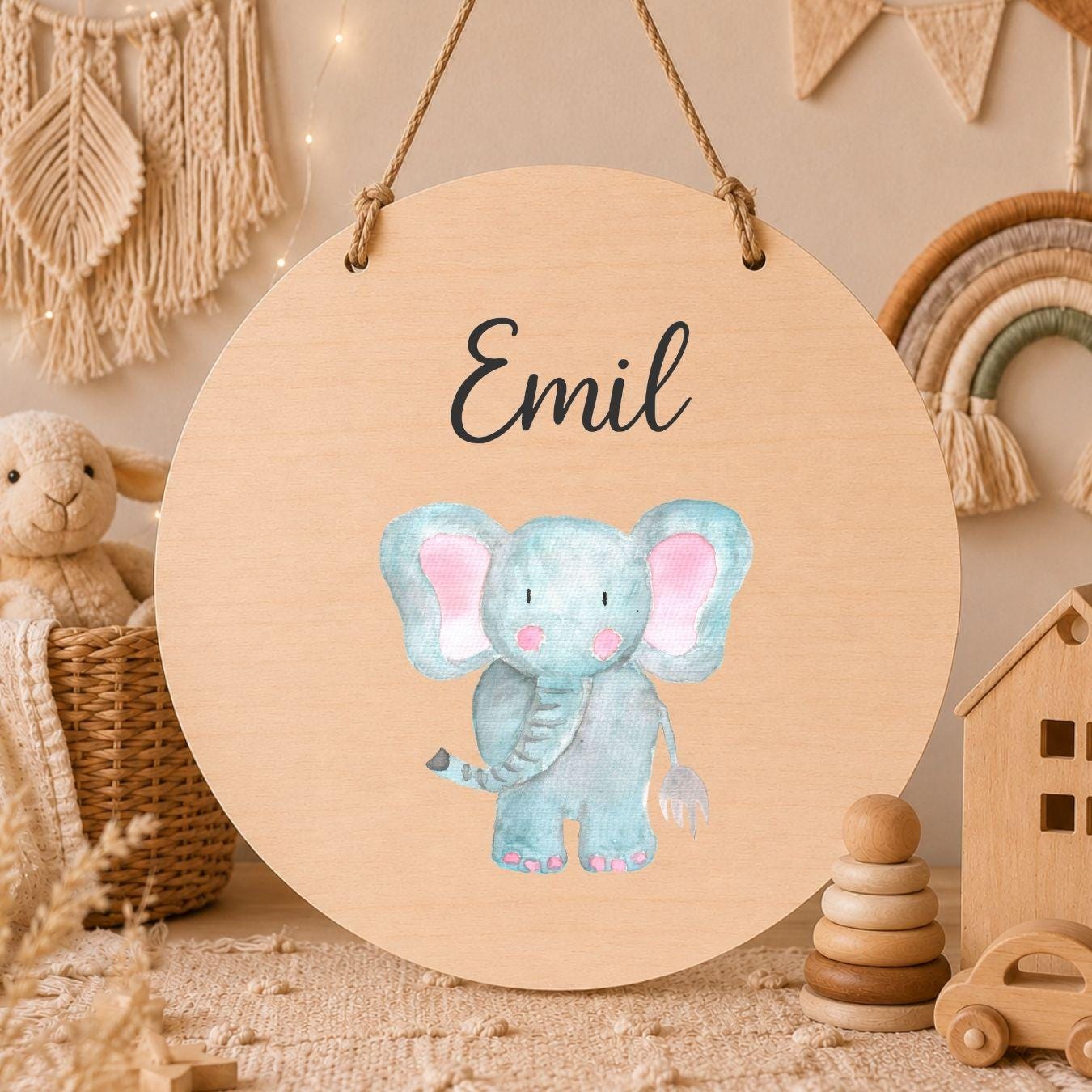 Personalisiertes Holzschild für Kinderzimmer | Türschild aus Holz mit Namen | Baby Geschenk zur Geburt & Taufe | Tiermotive Elefant Kinder