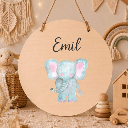 Personalisiertes Holzschild für Kinderzimmer | Türschild aus Holz mit Namen | Baby Geschenk zur Geburt & Taufe | Tiermotive Elefant Kinder