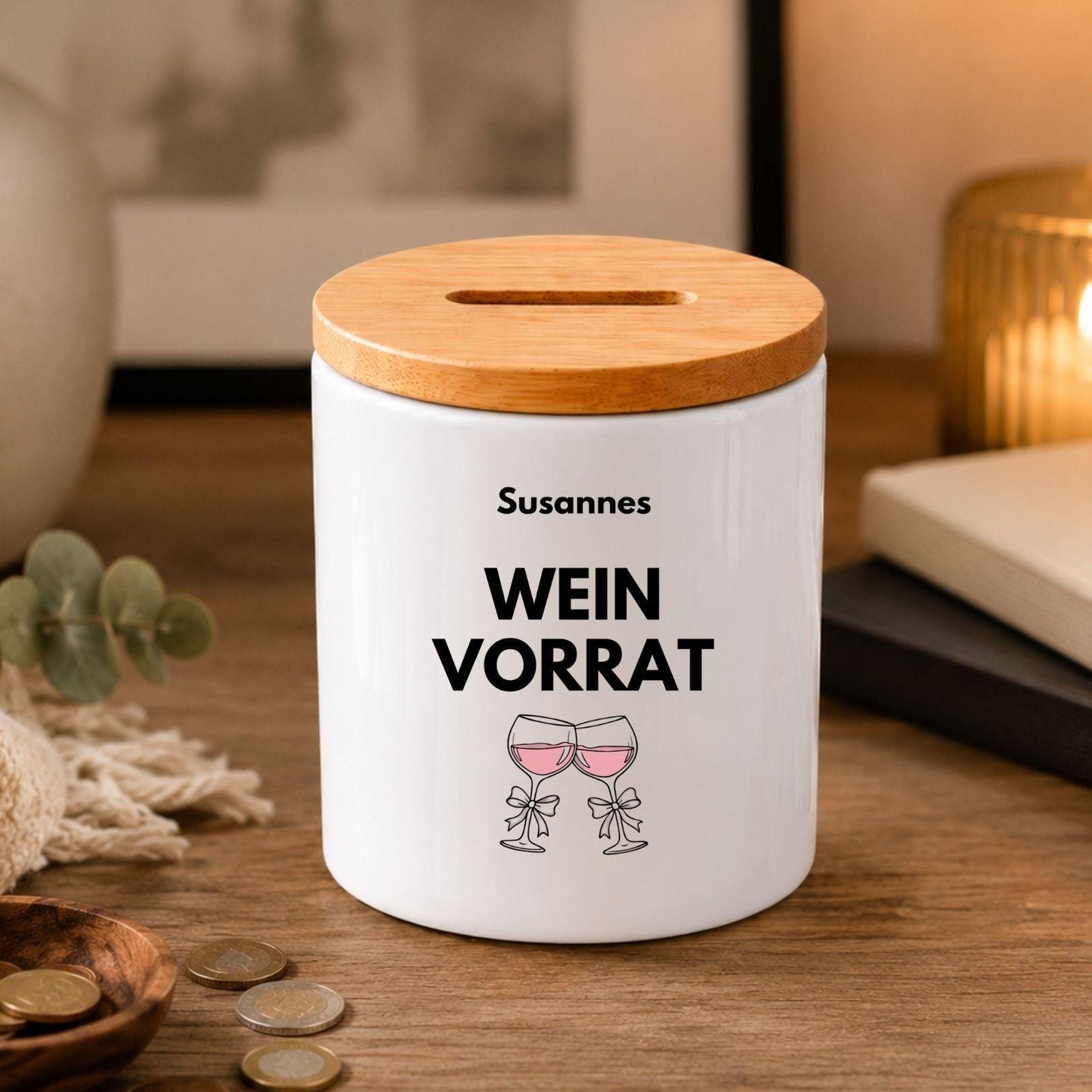 Personalisierte Spardose mit Namen | Spartopf Keramik Bambusdeckel | Geldgeschenk Geburtstag | Urlaub, Camper, Motorrad, Kreuzfahrt Zweck