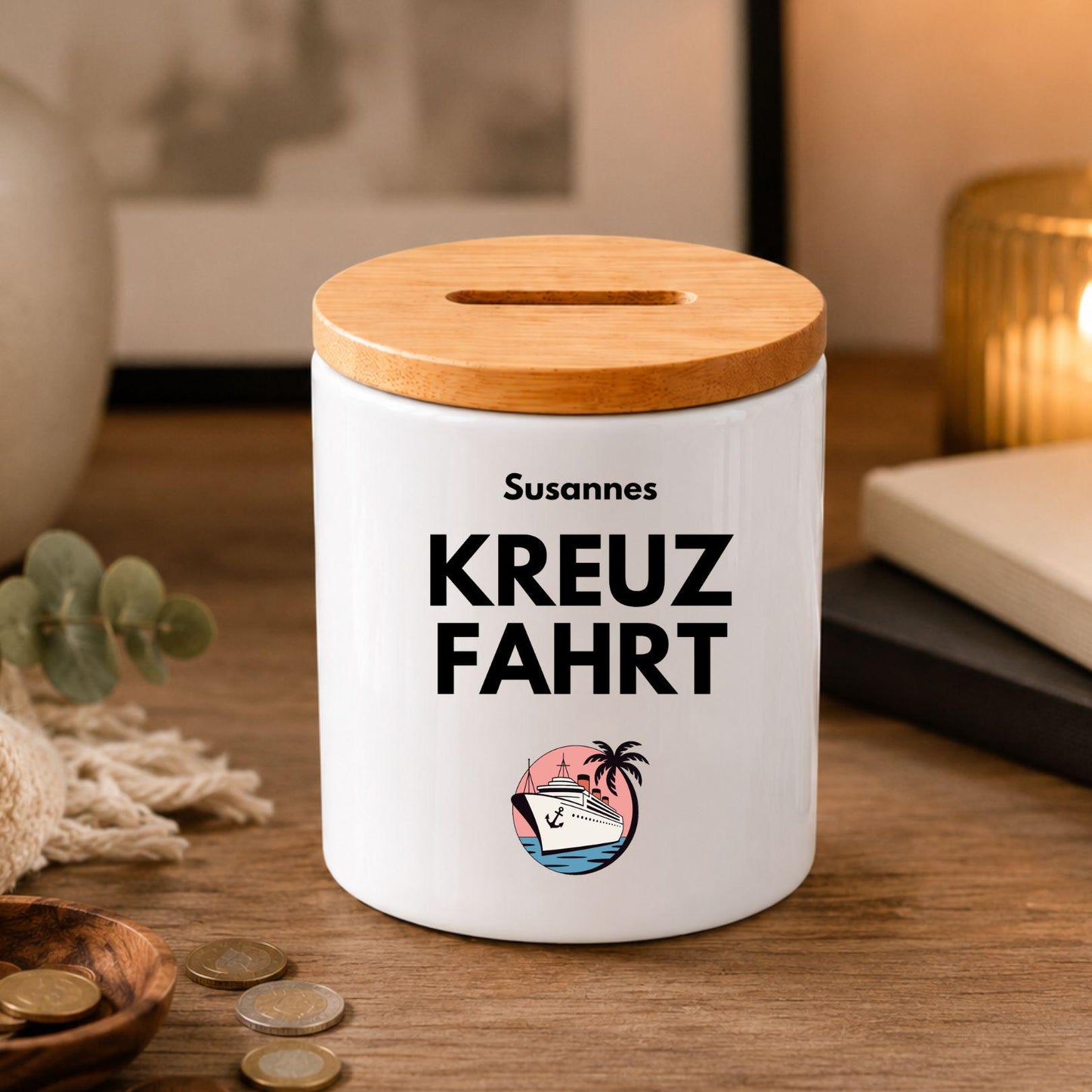 Personalisierte Spardose mit Namen | Spartopf Keramik Bambusdeckel | Geldgeschenk Geburtstag | Urlaub, Camper, Motorrad, Kreuzfahrt Zweck