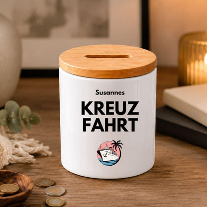Personalisierte Spardose mit Namen | Spartopf Keramik Bambusdeckel | Geldgeschenk Geburtstag | Urlaub, Camper, Motorrad, Kreuzfahrt Zweck