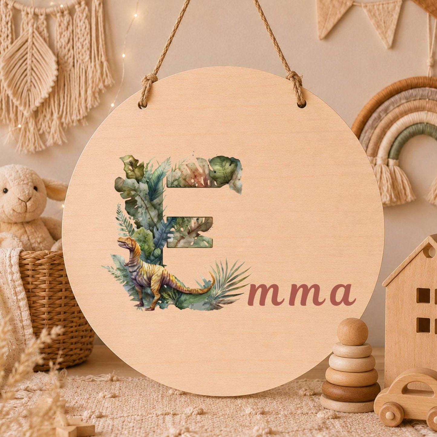 Personalisiertes Holzschild mit Buchstabe & Name | Dino Kinderzimmer Deko | Namensschild aus Holz | Geschenk zur Geburt Taufe Geschenk