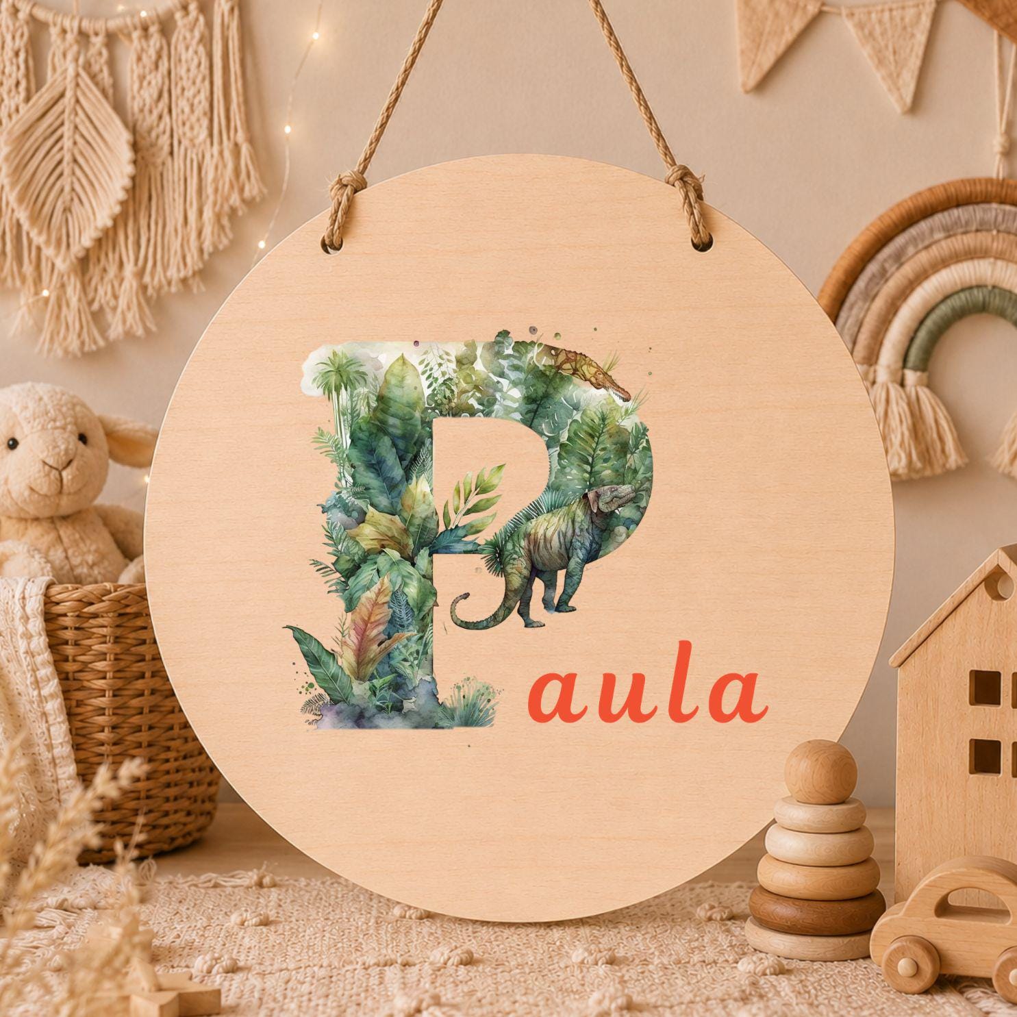 Personalisiertes Holzschild mit Buchstabe & Name | Dino Kinderzimmer Deko | Namensschild aus Holz | Geschenk zur Geburt Taufe Geschenk