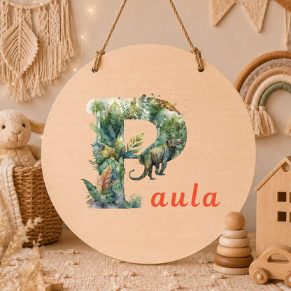 Personalisiertes Holzschild mit Buchstabe & Name | Dino Kinderzimmer Deko | Namensschild aus Holz | Geschenk zur Geburt Taufe Geschenk