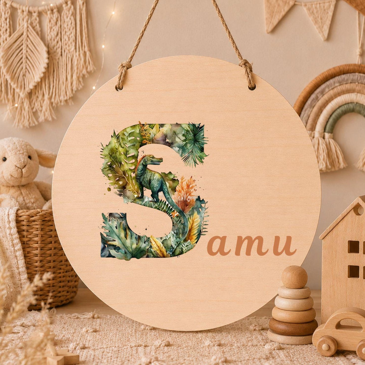 Personalisiertes Holzschild mit Buchstabe & Name | Dino Kinderzimmer Deko | Namensschild aus Holz | Geschenk zur Geburt Taufe Geschenk