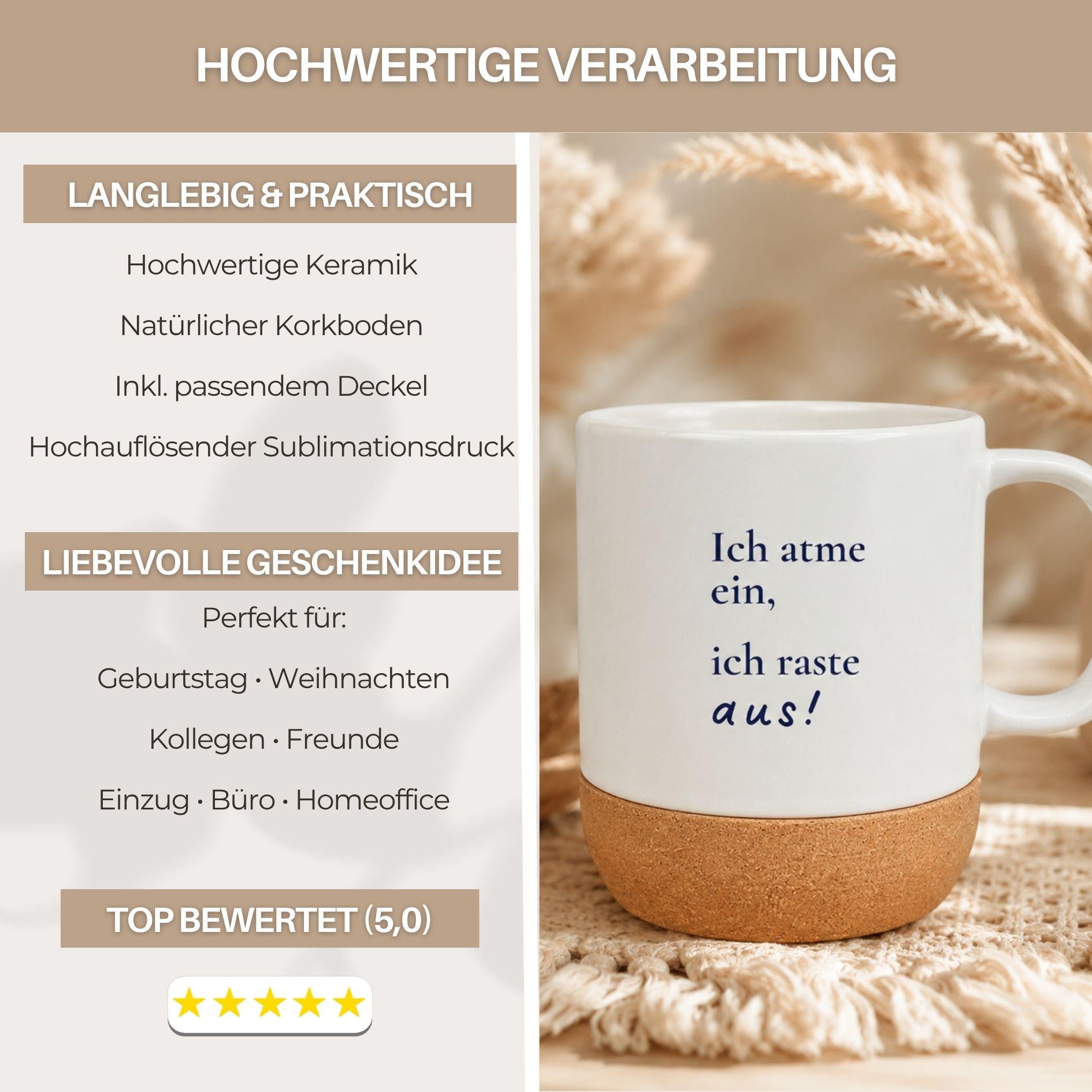 Lustige Kork-Tasse mit dem Spruch „Ich atme ein, ich raste aus!“. Humorvolle Geschenkidee für Büro, Homeoffice, Yoga und Mental Health Fans