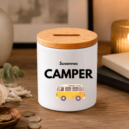 Personalisierte Spardose mit Namen | Spartopf Keramik Bambusdeckel | Geldgeschenk Geburtstag | Urlaub, Camper, Motorrad, Kreuzfahrt Zweck
