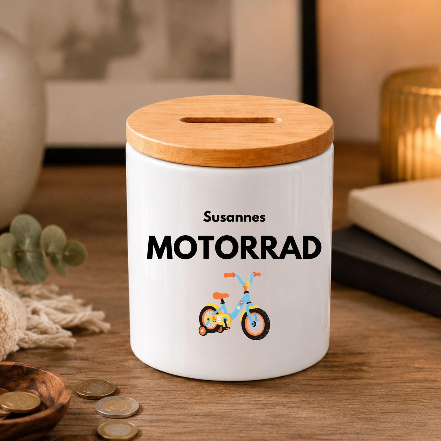 Personalisierte Spardose mit Namen | Spartopf Keramik Bambusdeckel | Geldgeschenk Geburtstag | Urlaub, Camper, Motorrad, Kreuzfahrt Zweck