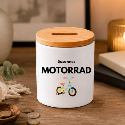 Personalisierte Spardose mit Namen | Spartopf Keramik Bambusdeckel | Geldgeschenk Geburtstag | Urlaub, Camper, Motorrad, Kreuzfahrt Zweck