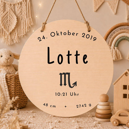 Personalisiertes Sternzeichen Holzschild mit Name | Kinderzimmer Deko | Geschenk zur Geburt | Boho Wanddeko | Tierkreiszeichen Namensschild