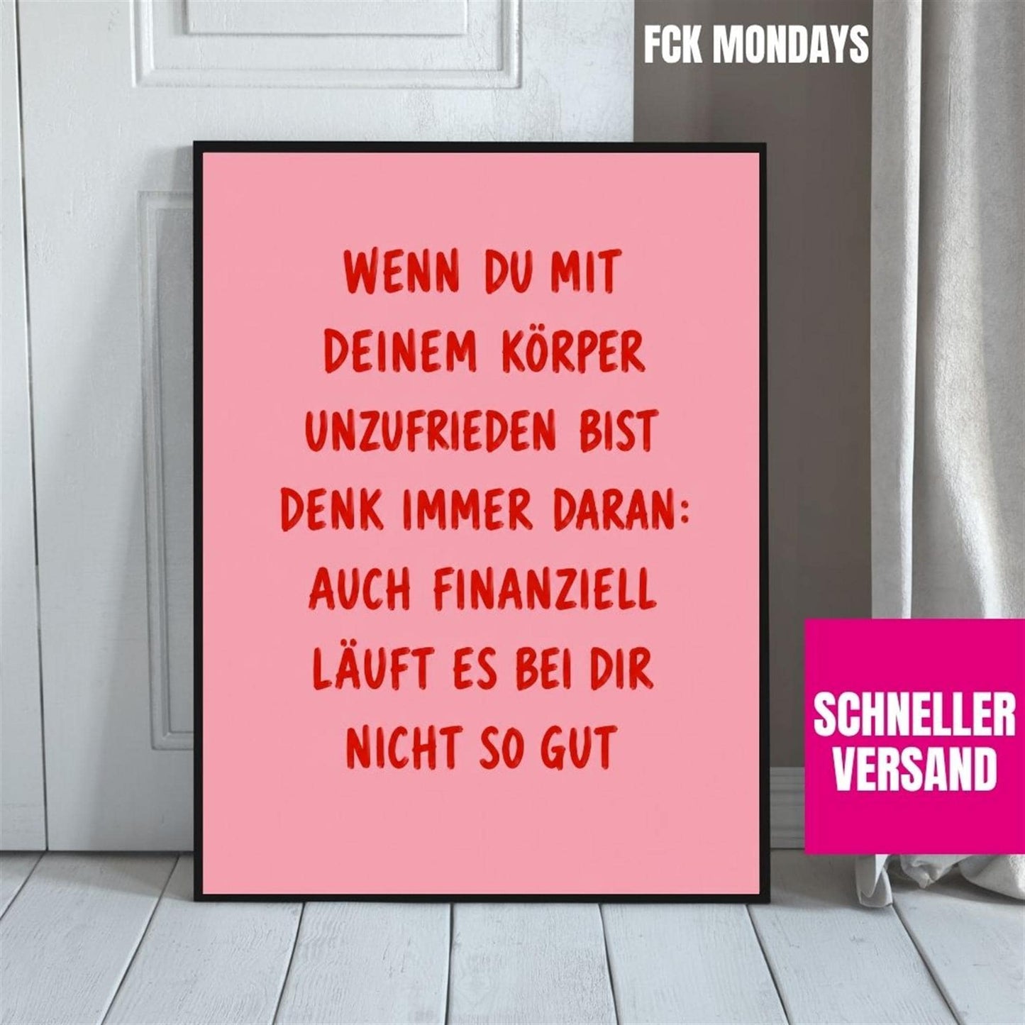 Lustiges Sarkasmus Poster | Körper & Finanzen Spruch | Humor Wandbild Deutsch | Rosa Typografie Poster | Geschenk Freundin Büro WG Deko
