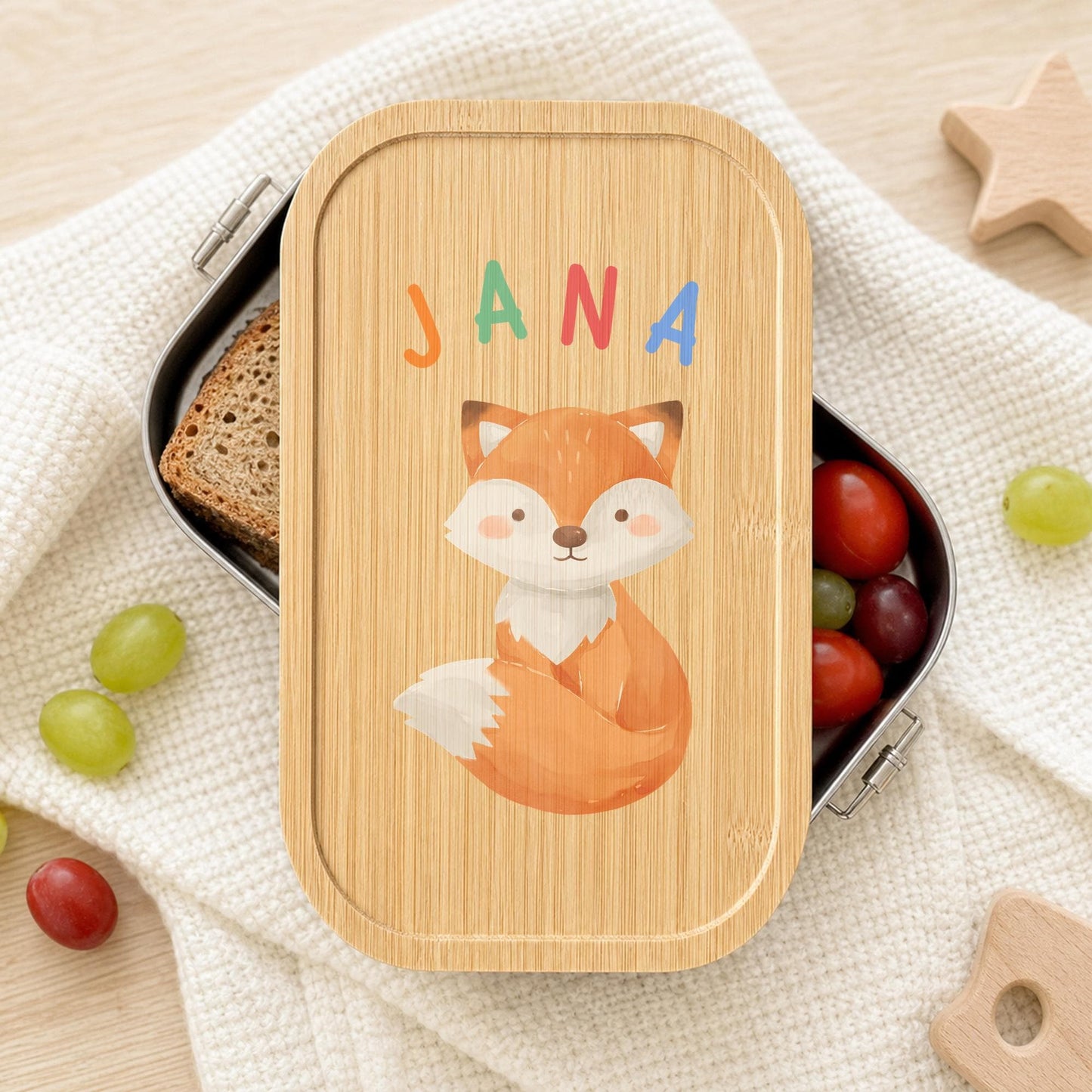 Personalisierte Brotdose mit Namen, Kinder Lunchbox Edelstahl mit Bambusdeckel, Tiermotiv Aquarell, Kita Einschulung Geschenk Geburtstag