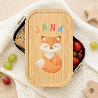 Personalisierte Brotdose mit Namen, Kinder Lunchbox Edelstahl mit Bambusdeckel, Tiermotiv Aquarell, Kita Einschulung Geschenk Geburtstag