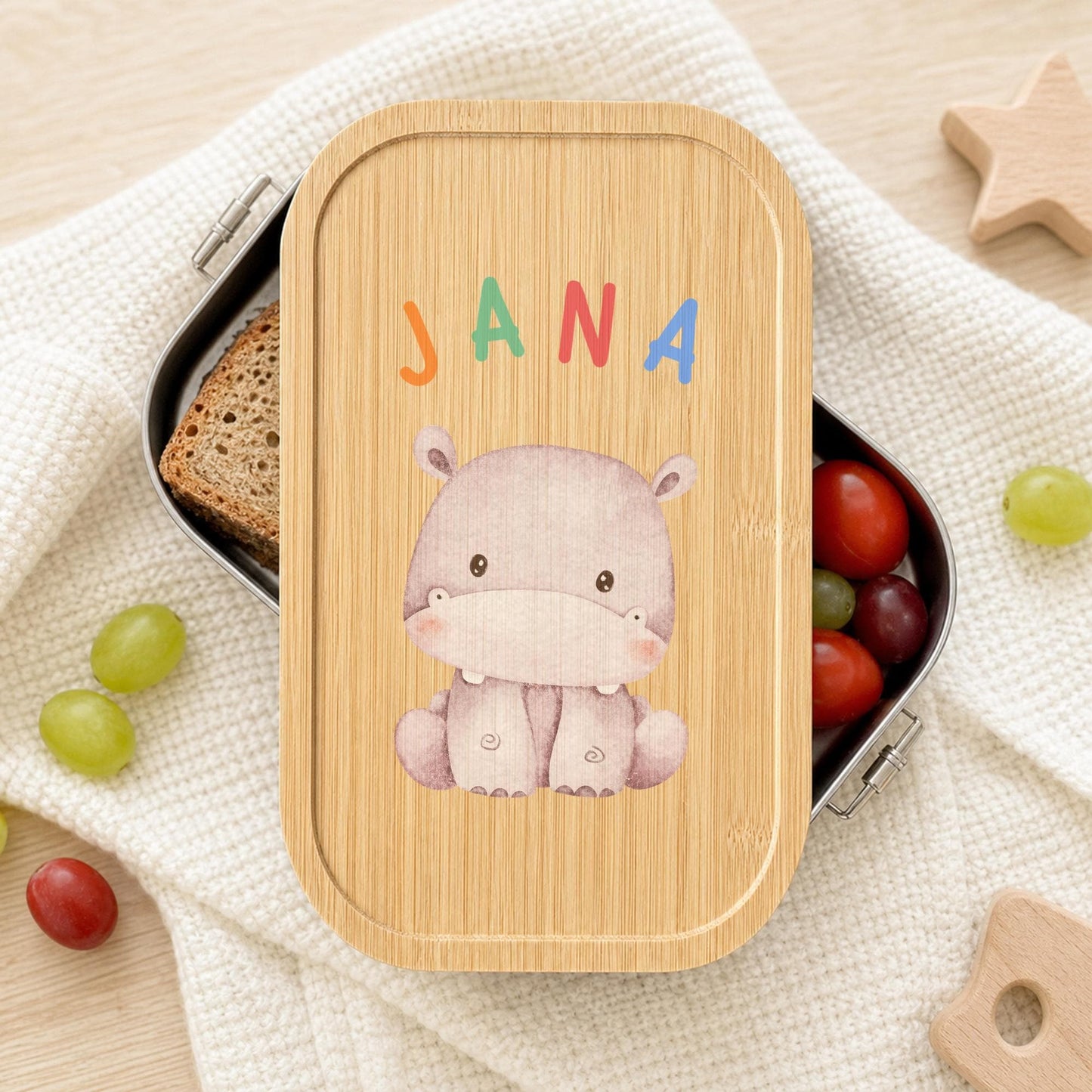 Personalisierte Brotdose mit Namen, Kinder Lunchbox Edelstahl mit Bambusdeckel, Tiermotiv Aquarell, Kita Einschulung Geschenk Geburtstag