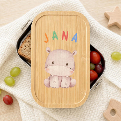 Personalisierte Brotdose mit Namen, Kinder Lunchbox Edelstahl mit Bambusdeckel, Tiermotiv Aquarell, Kita Einschulung Geschenk Geburtstag
