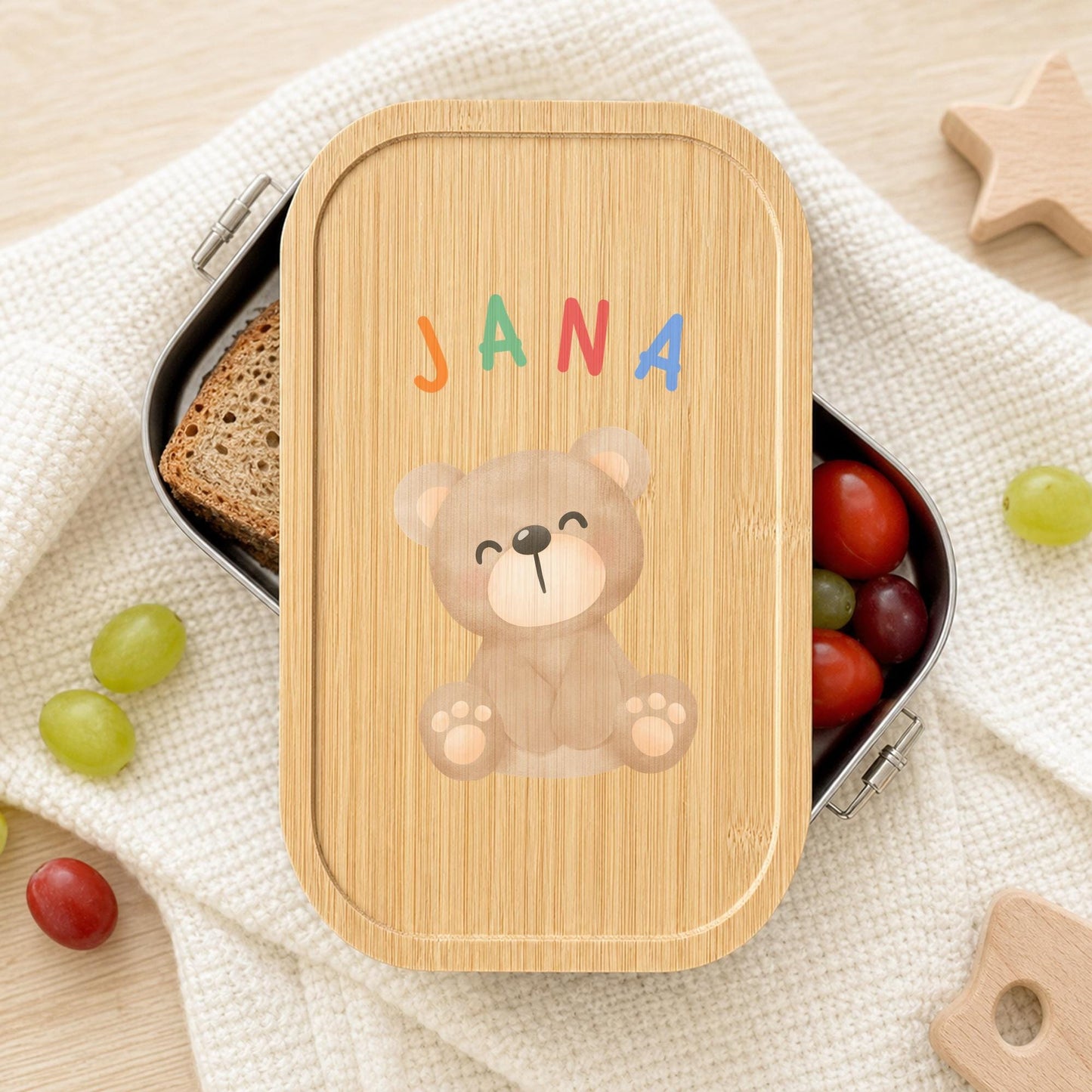 Personalisierte Brotdose mit Namen, Kinder Lunchbox Edelstahl mit Bambusdeckel, Tiermotiv Aquarell, Kita Einschulung Geschenk Geburtstag