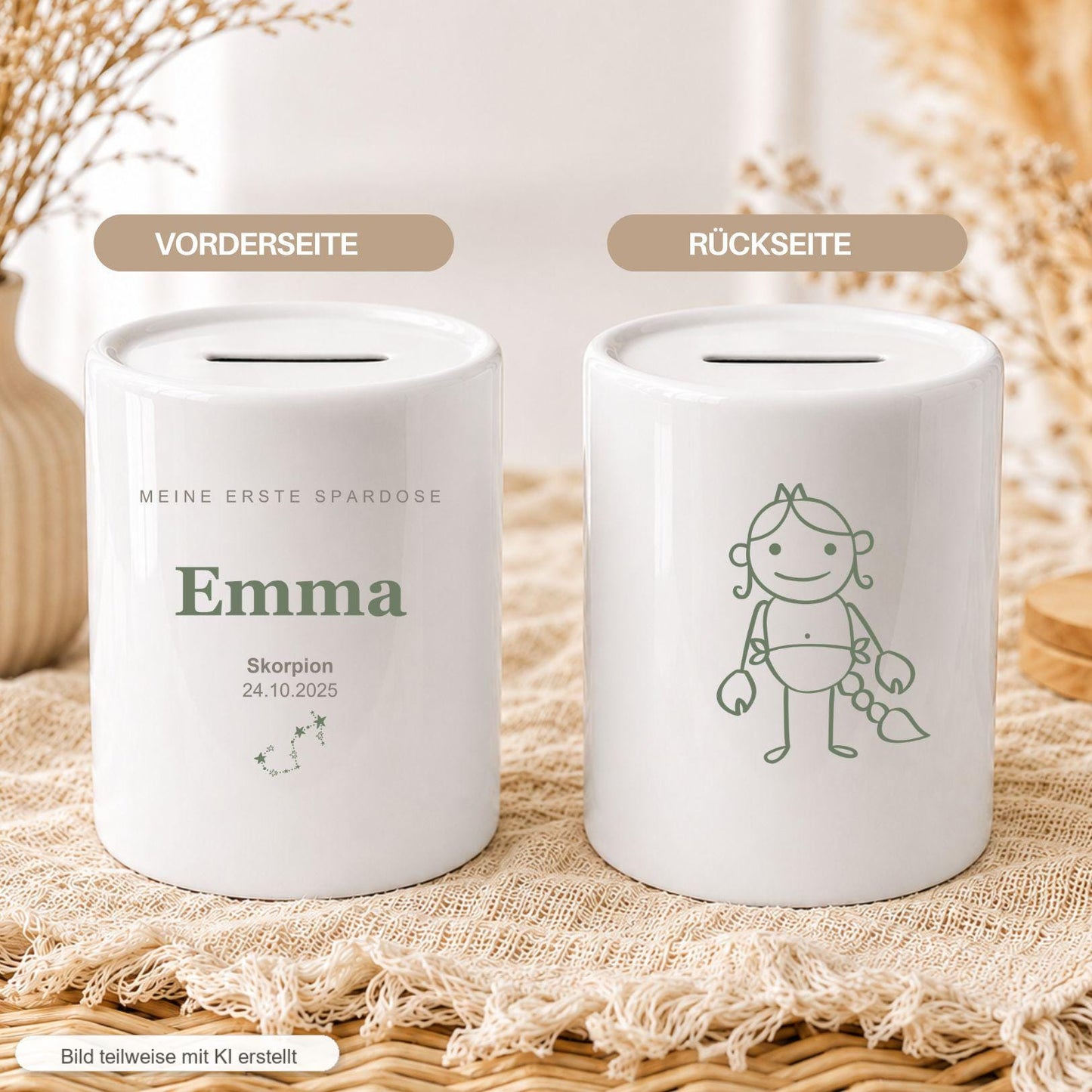 Personalisierte Kinder Spardose mit Sternzeichen, Name und Datum, Geschenk zur Geburt Taufe Geburtstag, erste Spardose Baby Mädchen Junge