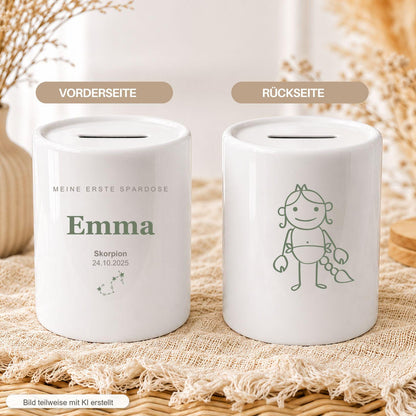 Personalisierte Kinder Spardose mit Sternzeichen, Name und Datum, Geschenk zur Geburt Taufe Geburtstag, erste Spardose Baby Mädchen Junge