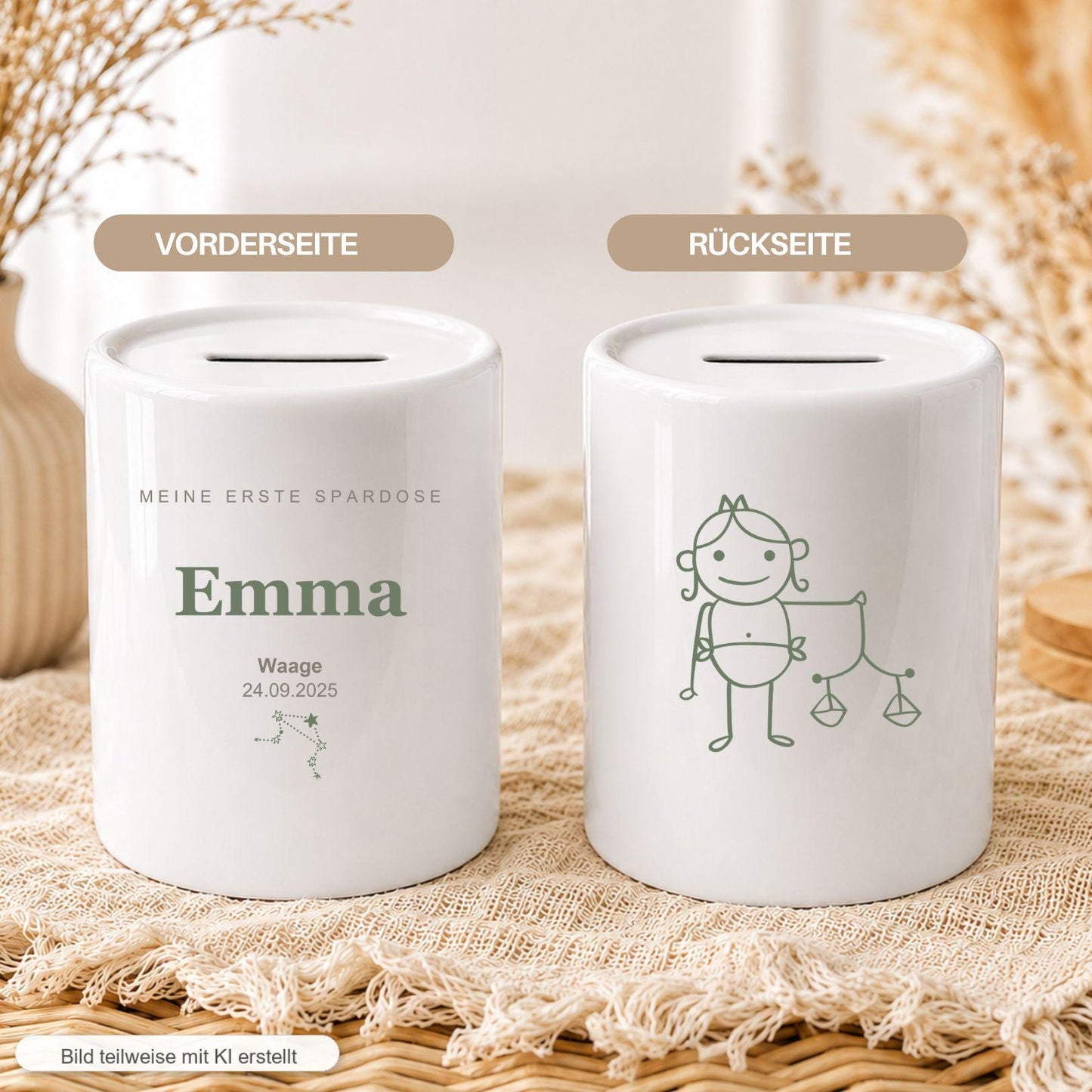 Personalisierte Kinder Spardose mit Sternzeichen, Name und Datum, Geschenk zur Geburt Taufe Geburtstag, erste Spardose Baby Mädchen Junge
