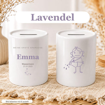 Personalisierte Kinder Spardose mit Sternzeichen, Name und Datum, Geschenk zur Geburt Taufe Geburtstag, erste Spardose Baby Mädchen Junge
