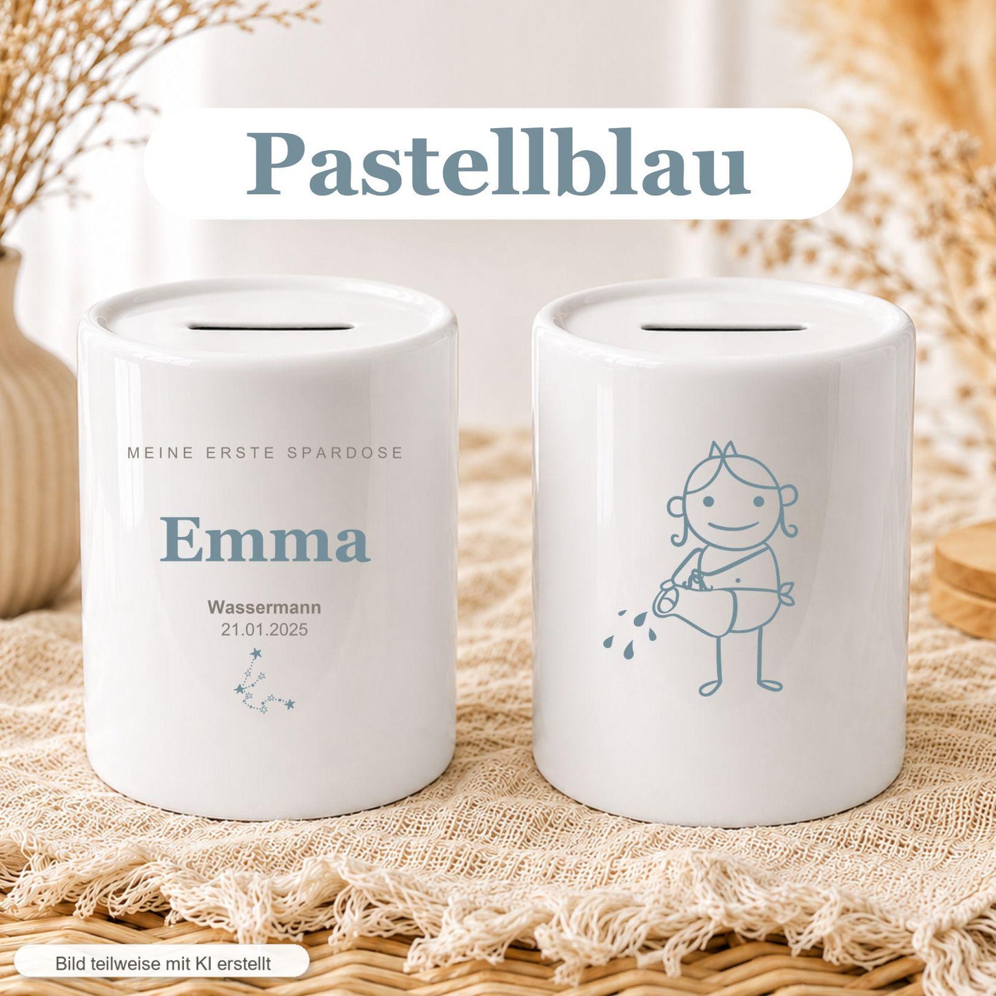 Personalisierte Kinder Spardose mit Sternzeichen, Name und Datum, Geschenk zur Geburt Taufe Geburtstag, erste Spardose Baby Mädchen Junge