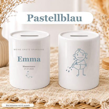 Personalisierte Kinder Spardose mit Sternzeichen, Name und Datum, Geschenk zur Geburt Taufe Geburtstag, erste Spardose Baby Mädchen Junge
