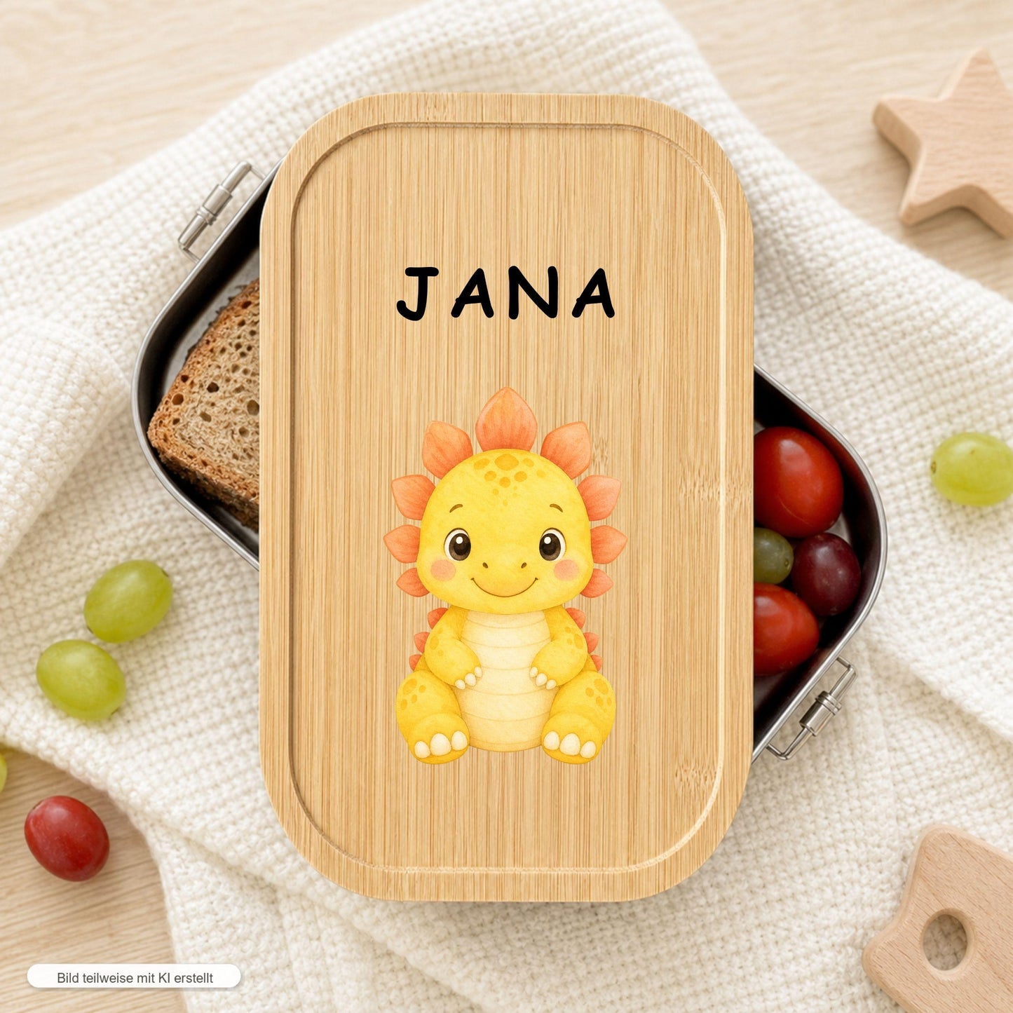 Personalisierte Dino Brotdose mit Namen, Edelstahl Lunchbox mit Bambusdeckel, 5 Dino Motive, Kinder Brotdose mit Trenner Einschulung
