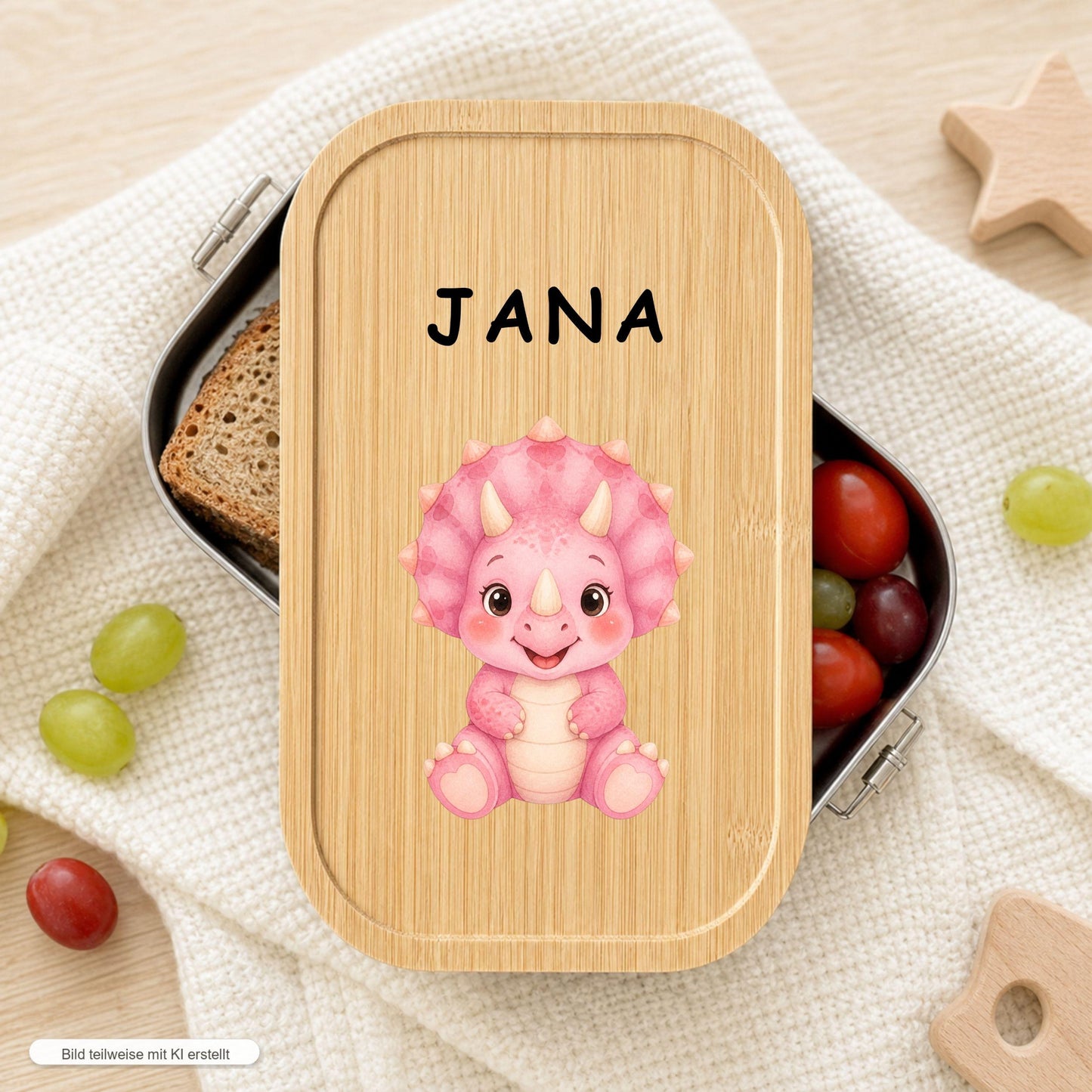 Personalisierte Dino Brotdose mit Namen, Edelstahl Lunchbox mit Bambusdeckel, 5 Dino Motive, Kinder Brotdose mit Trenner Einschulung