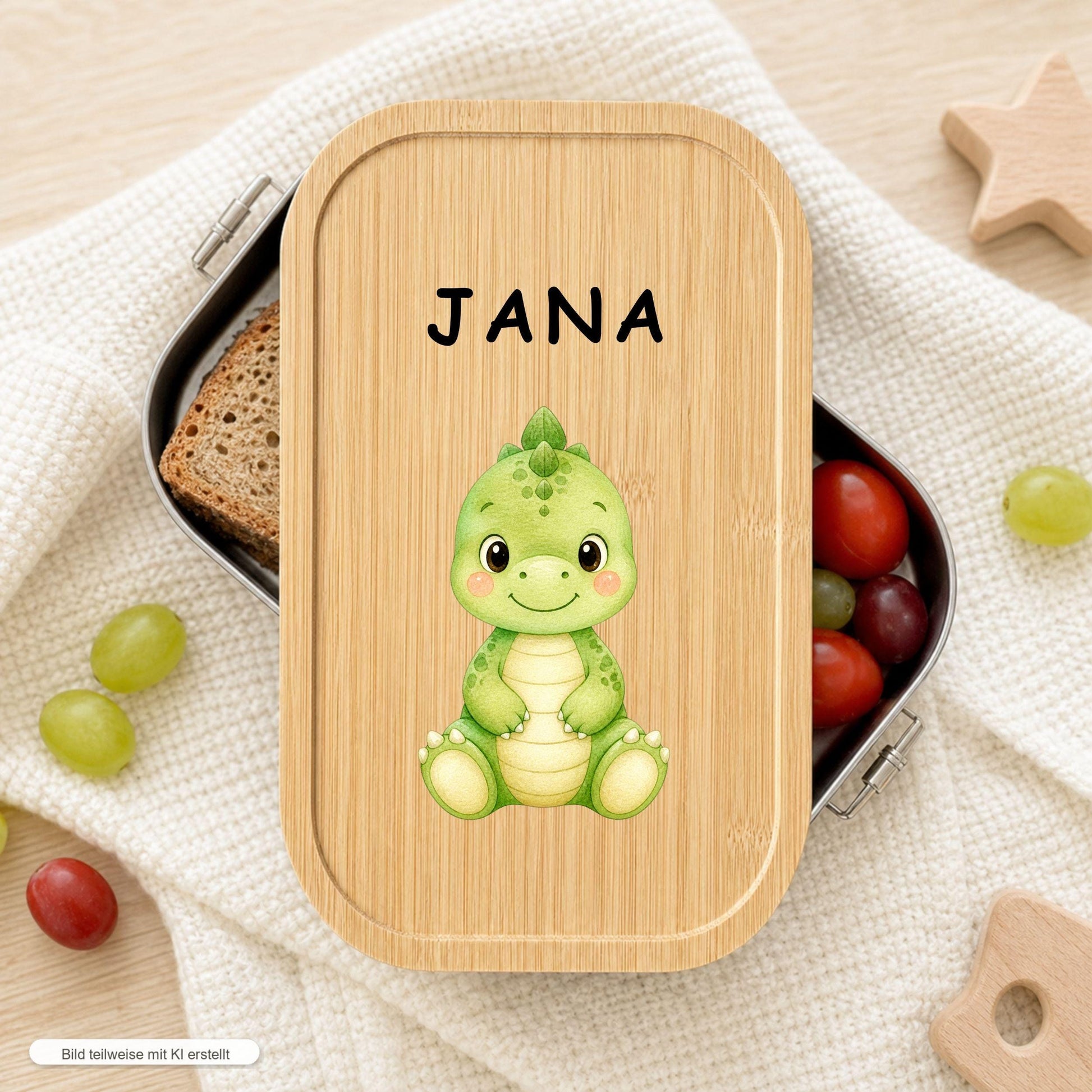 Personalisierte Dino Brotdose mit Namen, Edelstahl Lunchbox mit Bambusdeckel, 5 Dino Motive, Kinder Brotdose mit Trenner Einschulung