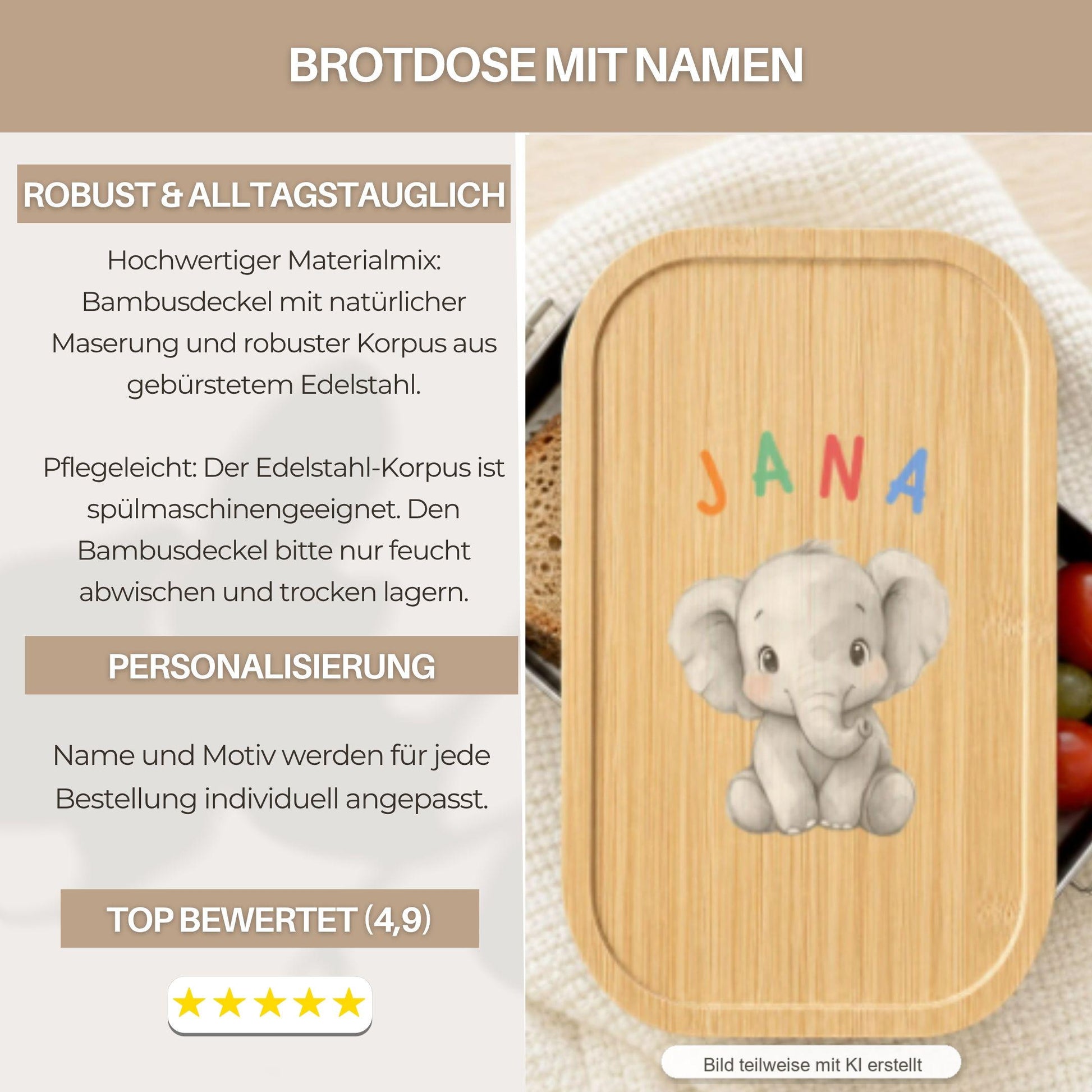 Personalisierte Brotdose mit Namen, Kinder Lunchbox Edelstahl mit Bambusdeckel, Tiermotiv Aquarell, Kita Einschulung Geschenk Geburtstag