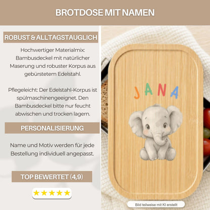 Personalisierte Brotdose mit Namen, Kinder Lunchbox Edelstahl mit Bambusdeckel, Tiermotiv Aquarell, Kita Einschulung Geschenk Geburtstag