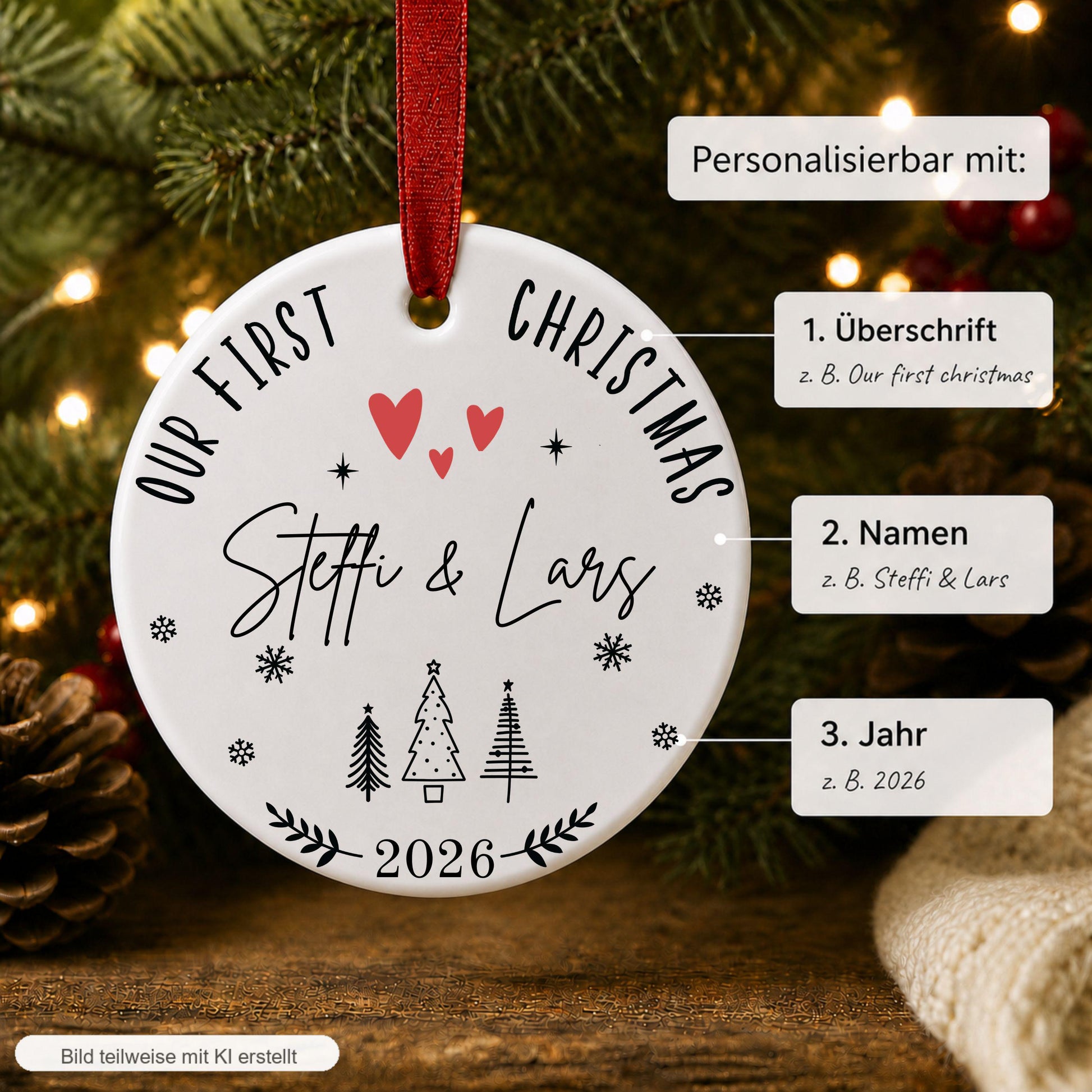 Personalisierter Weihnachtsanhänger für Paare & Familie, Our First Christmas Ornament 2026, Keramik Baumschmuck mit Namen Geschenk Idee