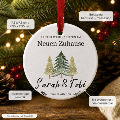 Personalisierter Weihnachtsanhänger Neues Zuhause, Keramik Ornament mit Namen & Adresse, Erstes Weihnachten Geschenk