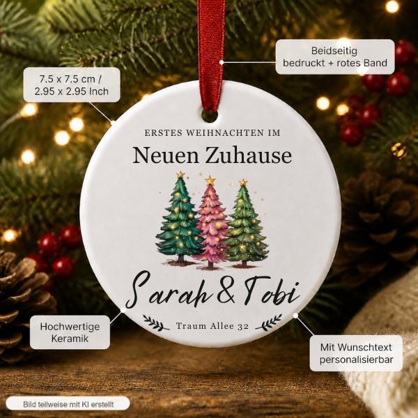Personalisierter Weihnachtsanhänger Neues Zuhause, Keramik Ornament mit Namen & Adresse, Erstes Weihnachten Geschenk