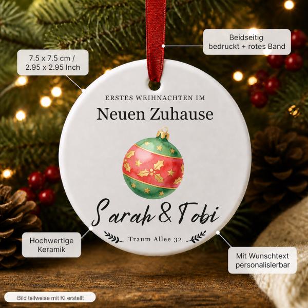 Personalisierter Weihnachtsanhänger Neues Zuhause, Keramik Ornament mit Namen & Adresse, Erstes Weihnachten Geschenk